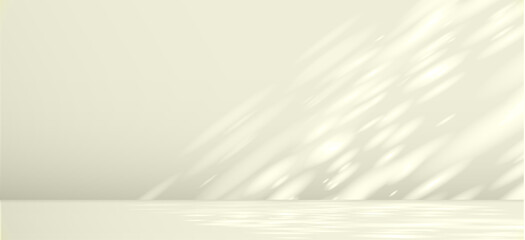 Glare from the sun's rays on the wall. Blurred shadows from leaves and plants in the room. Soft overlay of natural light. Abstract background for product presentation.Natural light layout.