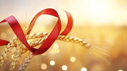 Naklejka premium Vibrant red ribbon with golden wheat, symbolizing labor and prosperity, set against a warm industrial backdrop. 