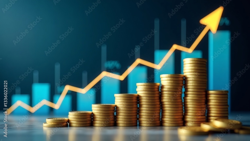 Poster a financial growth concept with golden coins stacked in ascending order with an upward trending arro