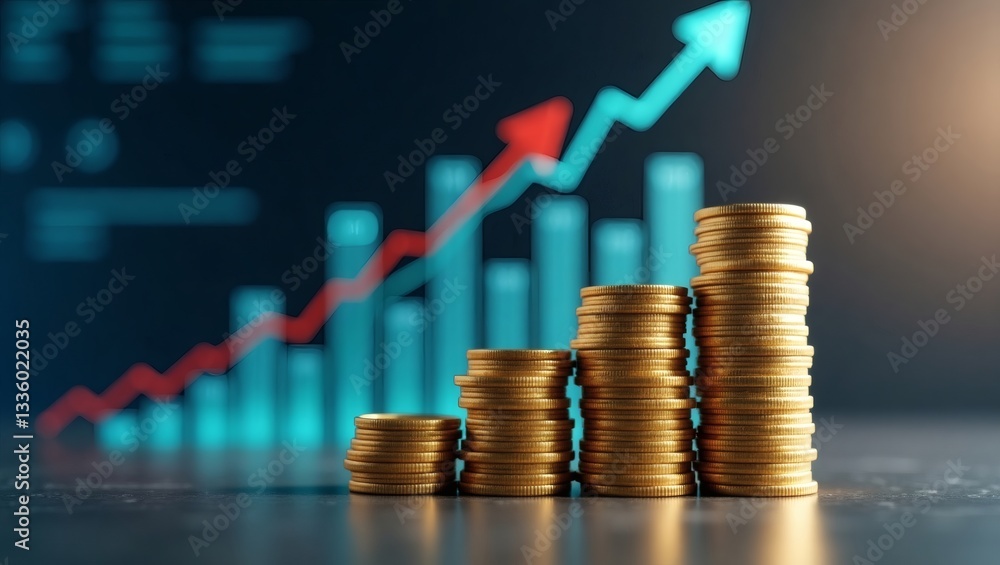 Poster stacks of golden coins with a rising graph