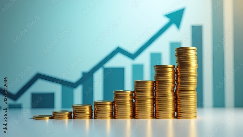 Poster a stack of golden coins arranged in a growing graph, symbolizing financial growth. the image feature