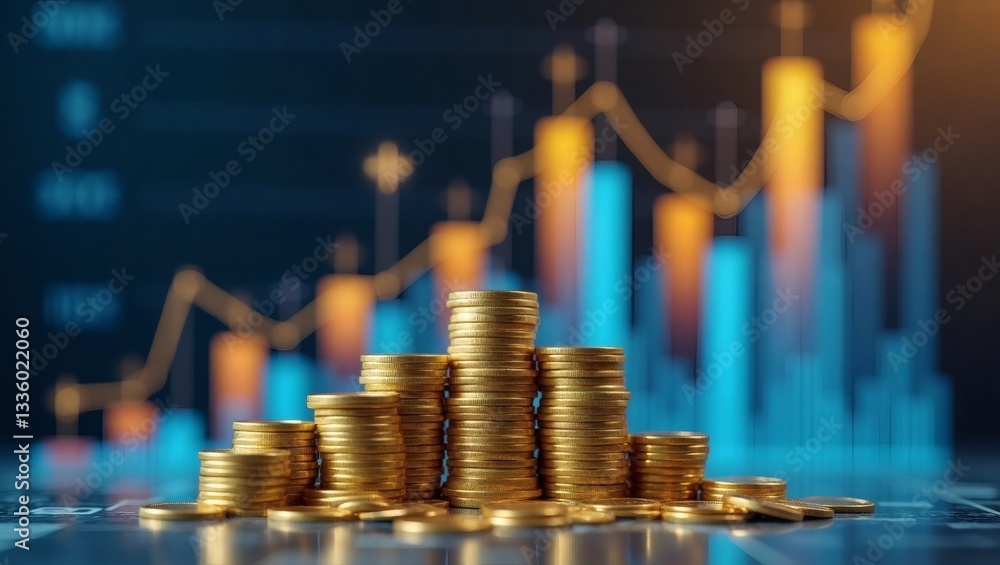Poster a close-up of gold coins stacked in ascending order, with an upward trend graph in the background