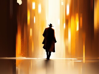 Silhouette of a Man Walking Alone in a Golden-Lit City Street at Night