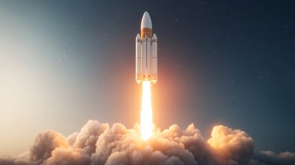 Rocket launching into space, powerful blast off amidst billowing clouds, symbolizes innovation and exploration, inspiring adventure.