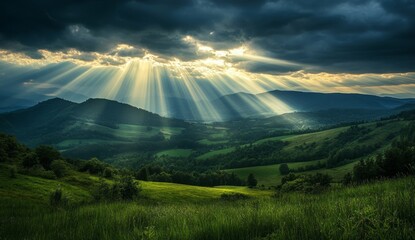 Majestic Sunlight Pierces Clouds over Rolling Hills