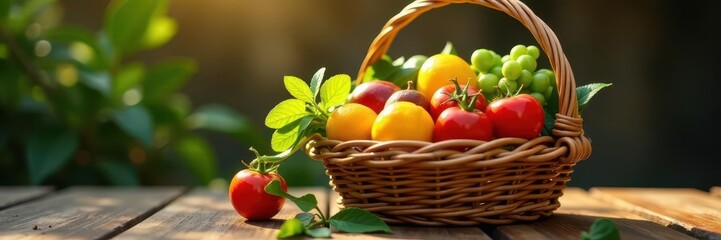 Full wicker basket of colorful fruits and vegetables , fruit, shopping, colorful
