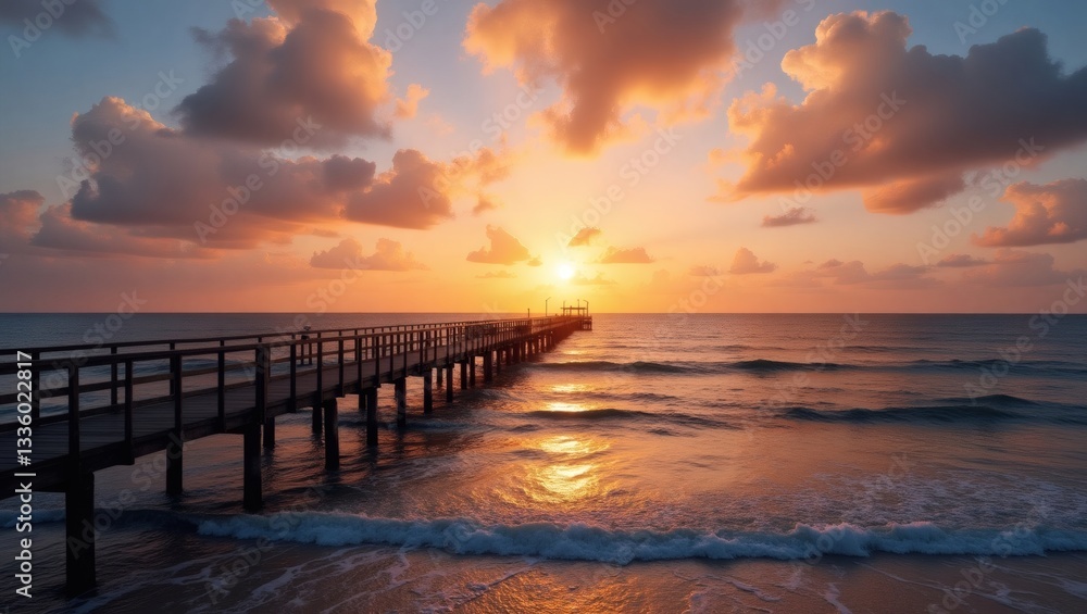 Poster a scenic view of a pier extending into the ocean at sunset. the sky is filled with colorful clouds, 