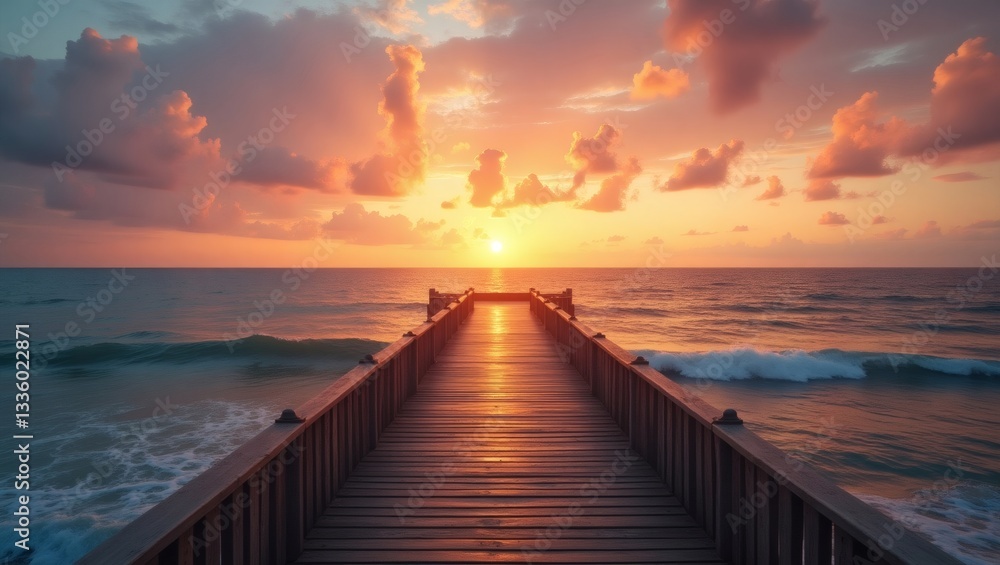 Poster a pier extends out into the ocean with a gorgeous sunset in the background, clouds painted with vibr