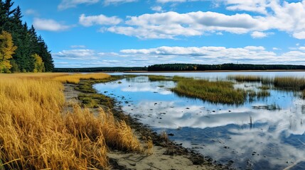 Fototapeta premium Serene lake scene with marsh plants and reflective gray clouds in the tranquil waters