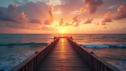 Fototapeta premium a pier extends out into the ocean with a gorgeous sunset in the background, clouds painted with vibrant colors above