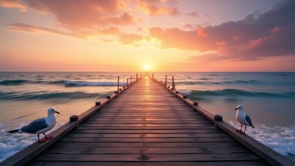 pier extending toward the beautiful sunrise with two seagulls watching