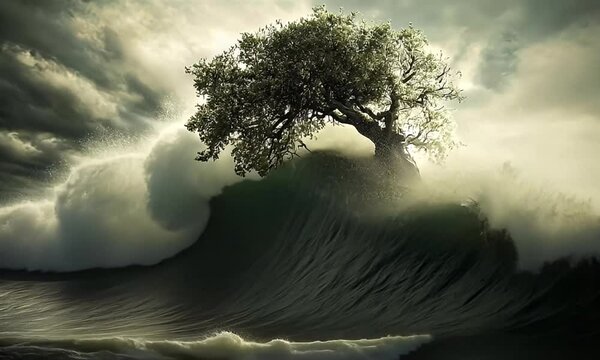 A lone tree bravely stands on the cusp of a massive, tumultuous ocean wave during a storm.