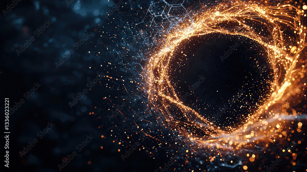 Poster mesmerizing digital vortex with glowing particles and intricate patterns, evoking sense of wonder an