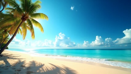 a tropical paradise with a pristine beach, swaying palm trees, and a turquoise ocean under a bright blue sky. The scene evokes feelings of relaxation, warmth, and escape