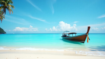 Obraz premium a traditional boat floating on the tranquil turquoise waters of a tropical beach, with palm trees and blue skies