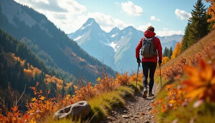 Obraz premium Autumn Hiker Walking Mountain Trail from Behind
