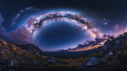 Milky Way Arching Over Mountainous Landscape at Night