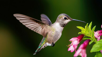 Obraz premium Vibrant Hummingbird Feeding on Delicate Pink Flower Amidst Lush Green Background