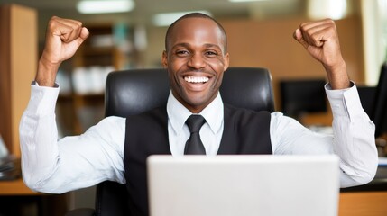 Excited African American Businessman Celebrating Success at Office Desk, Laptop in Front.