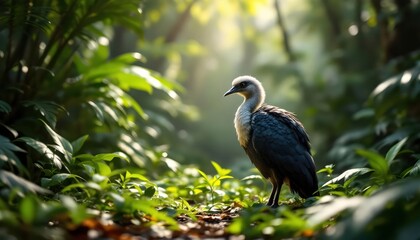 Fototapeta premium Serene Bird in Lush Tropical Forest Sunlight