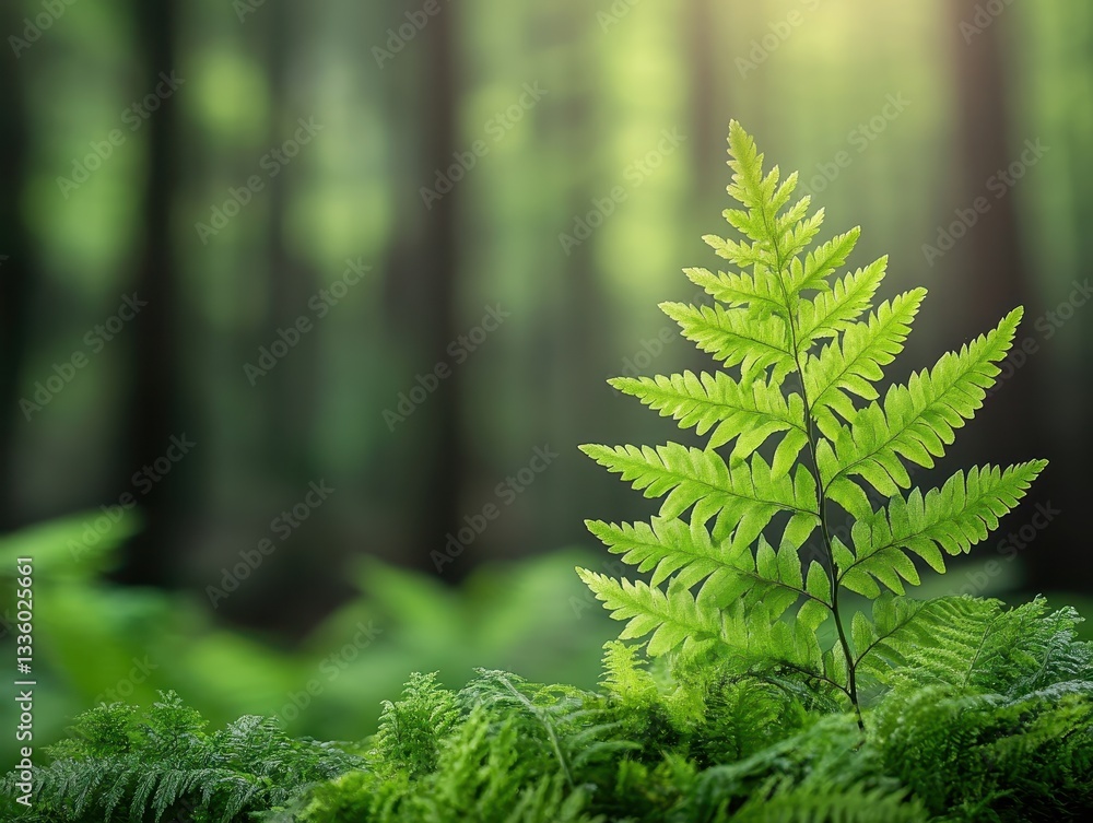 Poster lush green fern thriving in a serene forest setting with soft sunlight filtering through