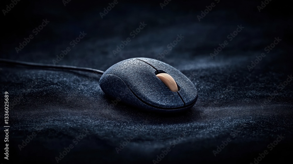 Poster a black and gray computer mouse with a tan button sits on a dark blue surface.