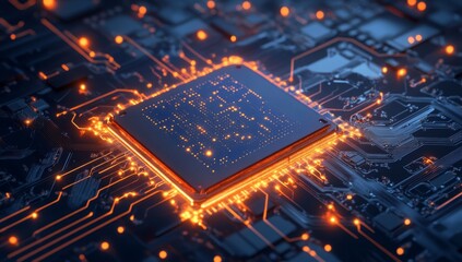 High-tech microprocessor on circuit board.  Illuminated intricate circuitry glows with energy