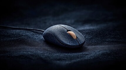 A black and gray computer mouse with a tan button sits on a dark blue surface.
