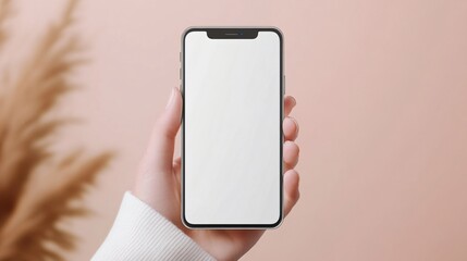 Person holding smartphone, minimalistic aesthetic, soft background, showcasing device with blank screen for customizable content.