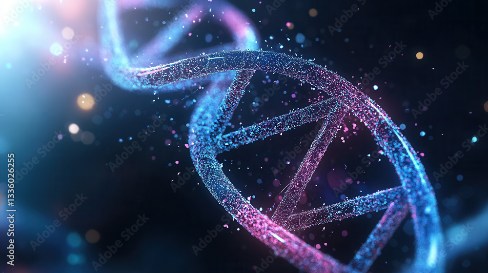 Poster vibrant dna strand with sparkling particles, showcasing blend of colors and light effects, creating 