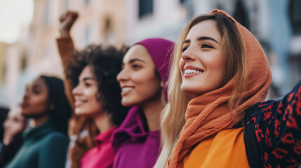 Group of middle east arab women wearing hijab covering head protesting in the streets against domestic violence and woman rights empowerment