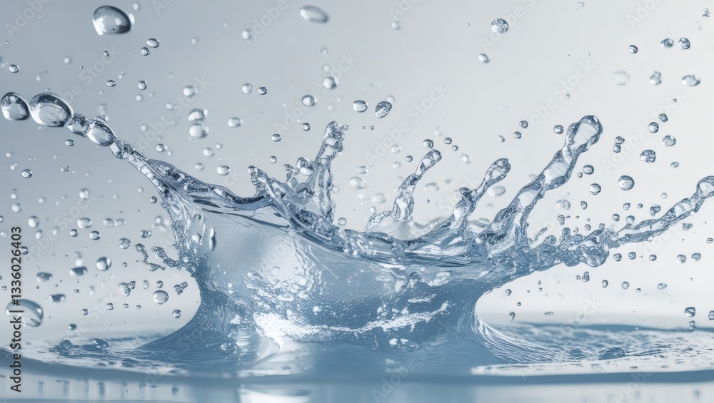 Poster a stunning capture of water splash and ripples creating a crown. The image captures the instant of impact and the formation of droplets
