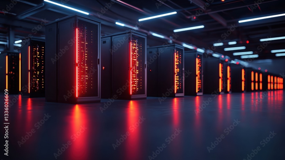 Poster a row of servers with glowing red lights.
