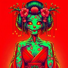 Retro style zombie geisha cartoon image