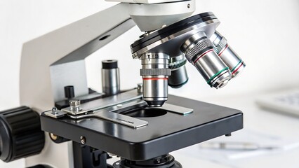 Fototapeta premium Microscope with Metal Body and Multiple Objective Lenses, Isolated on a White Background, Professional Science Product Shot showcasing advanced scientific research tools.