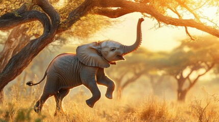 Fototapeta premium Playful Baby Elephant Dancing Joyfully Under Golden Sunset Light