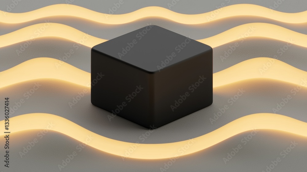Poster a 3d rendering of a black cube with a wavy surface and glowing yellow lines.
