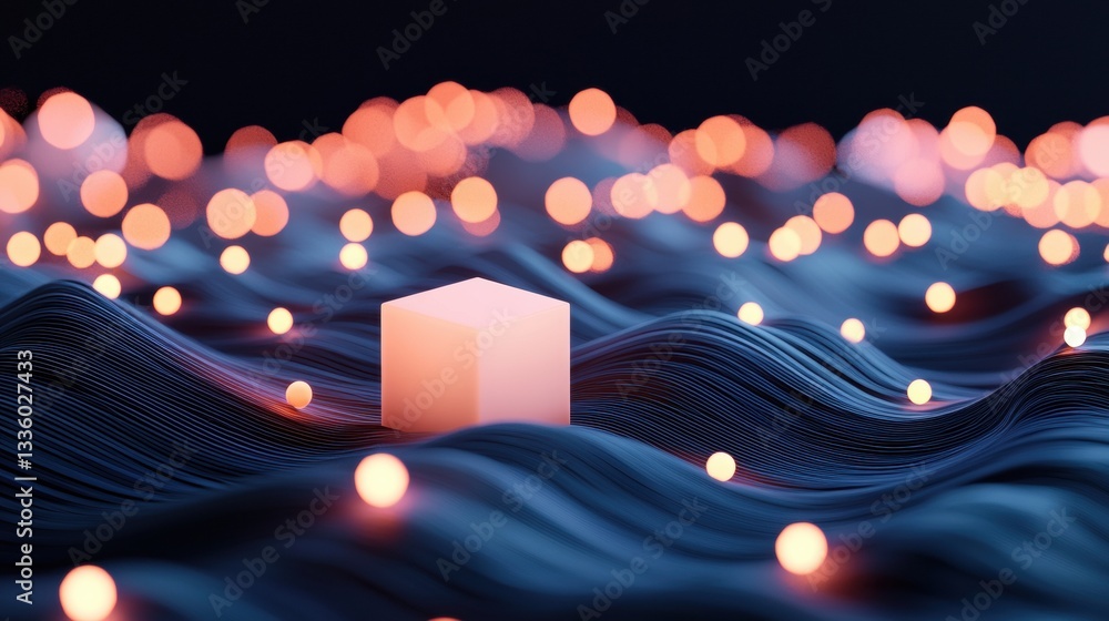 Poster a 3d rendering of a pink cube floating in a dark blue wave-like surface, surrounded by orange and wh