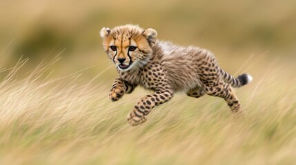 Obraz premium Playful Cheetah Cub Running Through Golden Grass Field in Nature