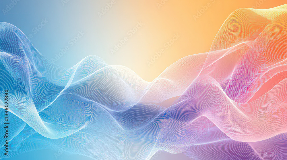 Poster abstract wave design with soft gradients in blue, orange, and pink hues, creating serene and dynamic