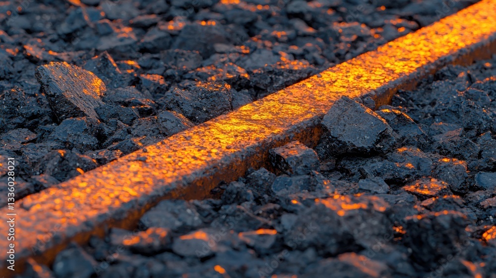 Poster a close-up view of a rusty metal rail with a bright orange glow emanating from it.