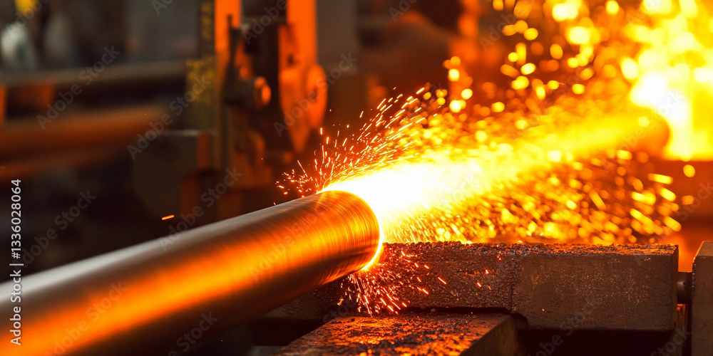 Poster hot rolling process produces glowing metal sparks in factory generative ai