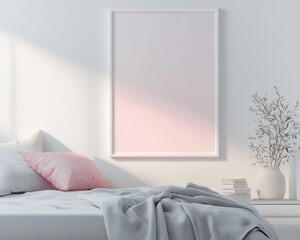 Minimalist bedroom with subtle decor and white gradient frame.