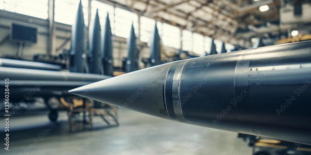 Aufkleber close-up view of missile tip in military facility generative ai