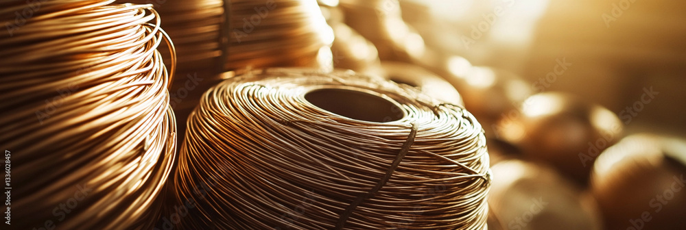 Leinwandbilder Copper wire rolls displayed in a warm light setting Generative AI