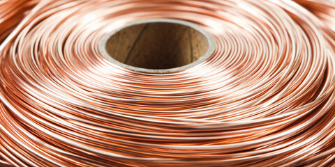 Rolls of copper wire stacked for industrial use and crafting Generative AI
