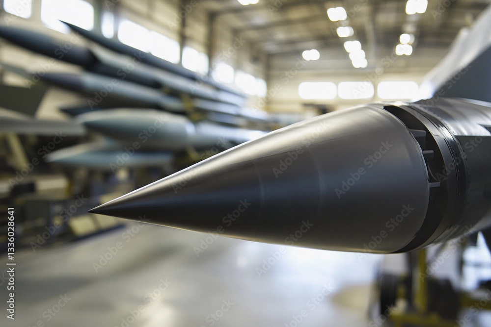 Poster close-up view of missile tip in military facility generative ai