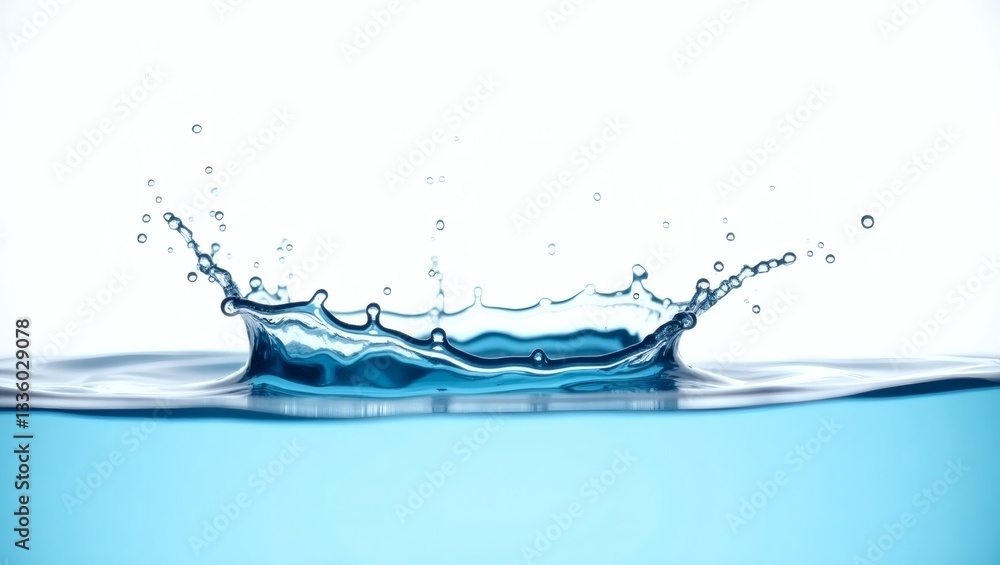 Poster a mesmerizing capture of a water droplet creating a crown-like splash, with a clean, refreshing aest