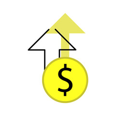 A minimalist illustration featuring an upward arrow combined with a yellow dollar coin symbol. It depicts financial growth, increasing profits, investment success, and positive economic trends.
