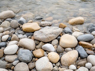 Smooth river stones along the water's edge, reflecting natural beauty and tranquility